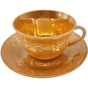 Vintage Fire King Cup & Saucer Set Luster Ware Peach Laurel Leaf USA